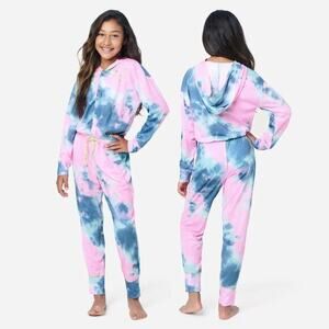 Justice Tie-Dyed Button-Front Hooded Jumpsuit Footless Pajamas Youth Size 14